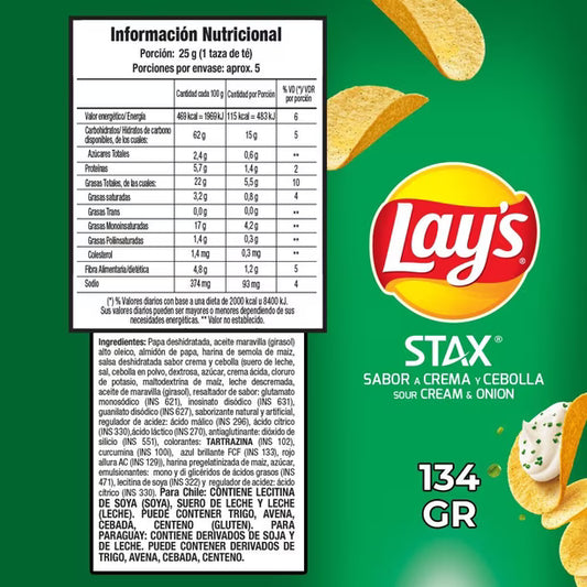 Lays Stax Crema y Cebolla 134g Papas Fritas Tarro