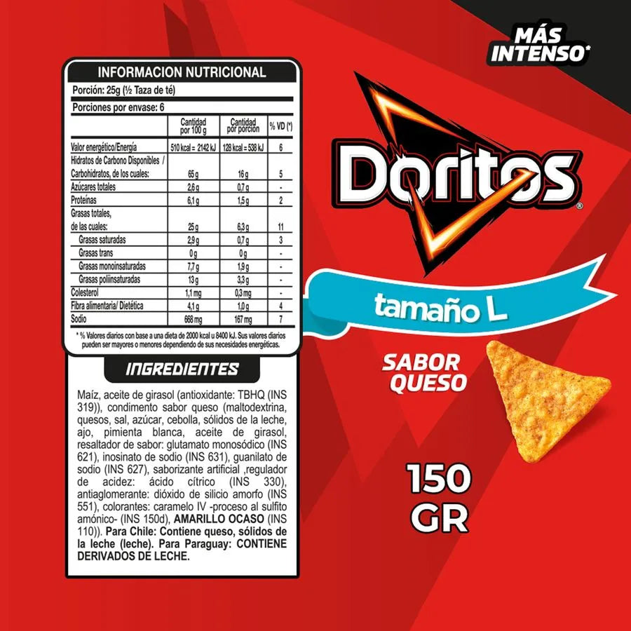 Información nutricional e ingredientes de Doritos Sabor Queso 150 g