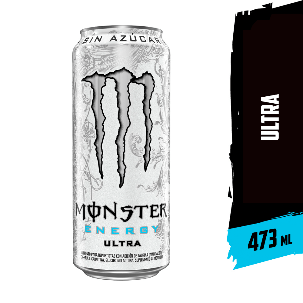 Lata Monster Energy Ultra 473 ml blanca, bebida energética sin azúcar