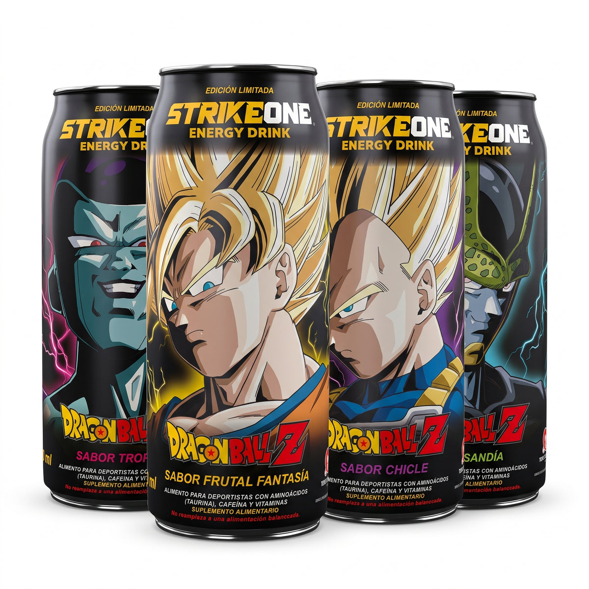 Pack de 4 latas StrikeOne Dragon Ball Z 473 ml: Freezer Tropical, Goku Frutal Fantasía, Vegeta Chicle y Cell Sandía