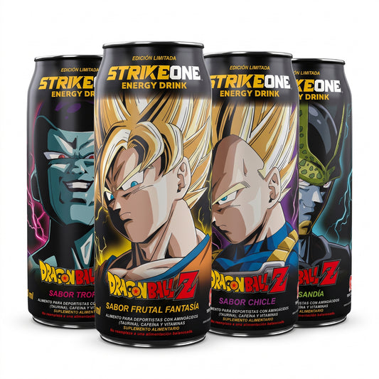 Pack de 4 latas StrikeOne Dragon Ball Z 473 ml: Freezer Tropical, Goku Frutal Fantasía, Vegeta Chicle y Cell Sandía