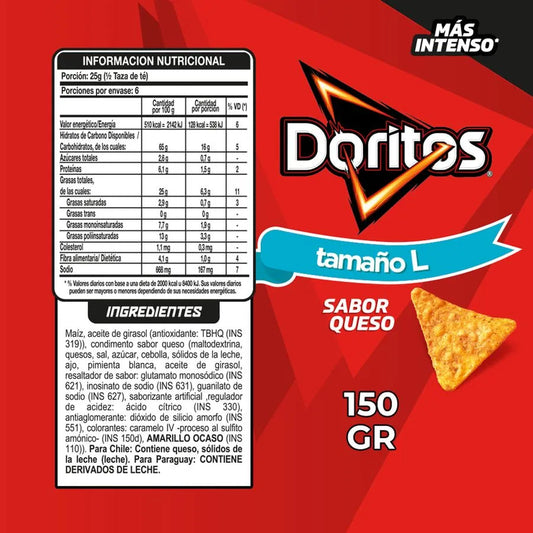 Información nutricional e ingredientes de Doritos Sabor Queso 150 g