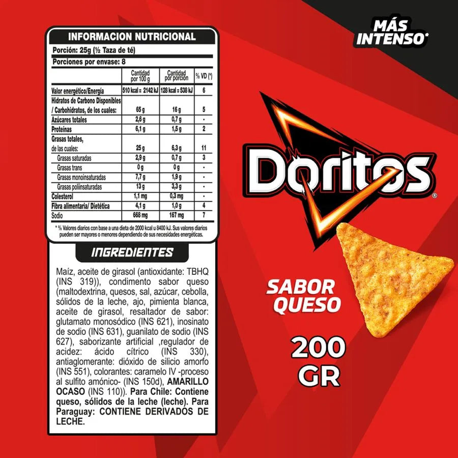 Información nutricional e ingredientes de Doritos Sabor Queso 200 g