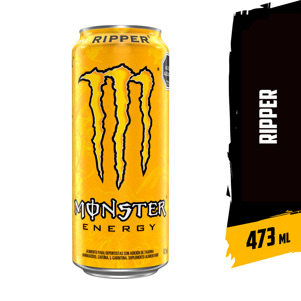 Lata Monster Ripper 473 ml amarilla, bebida energética sabor tropical